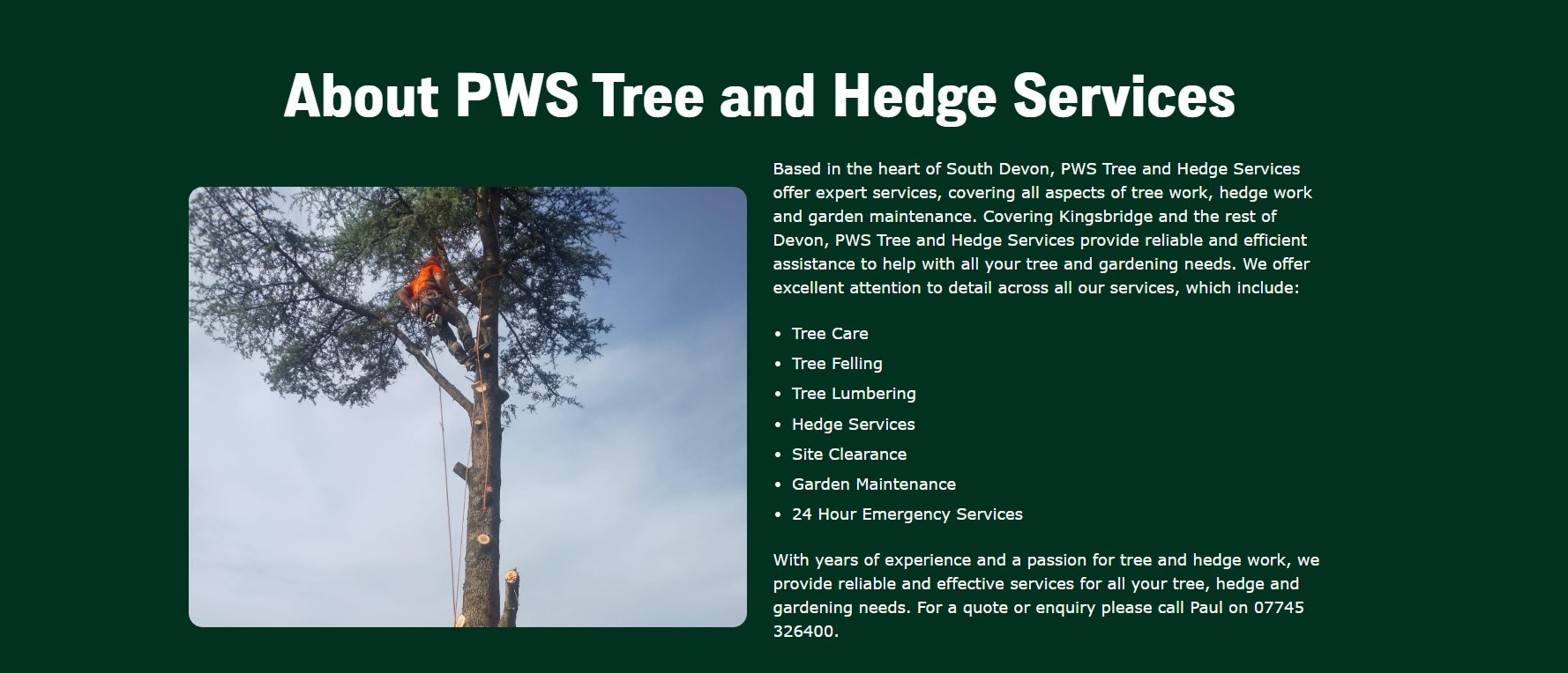 Image of About Section of PWS Tree and Hedge Services Website